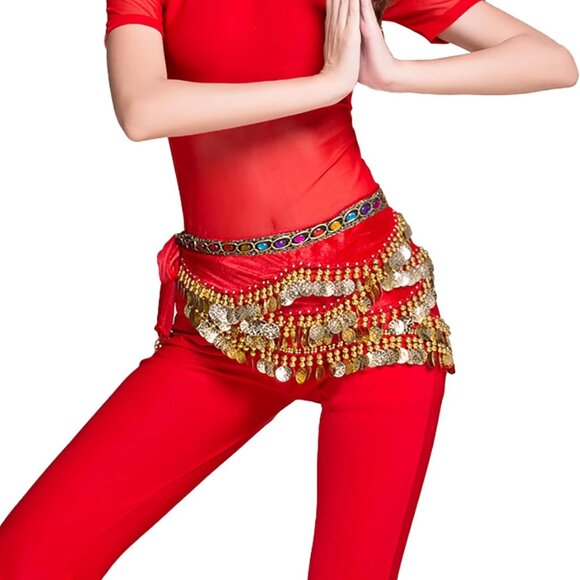 Women's Red Triangular Belly Dancing Hip Scarf Wrap Skirt with Gold Coins - Picture 3 of 4